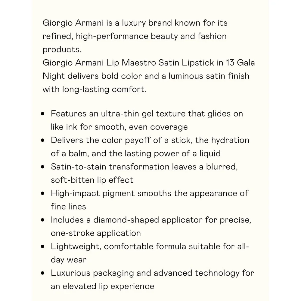 Giorgio Armani Lip Maestro Satin Lipstick 13 Gala Night Bold‎ Color Satin Finish
